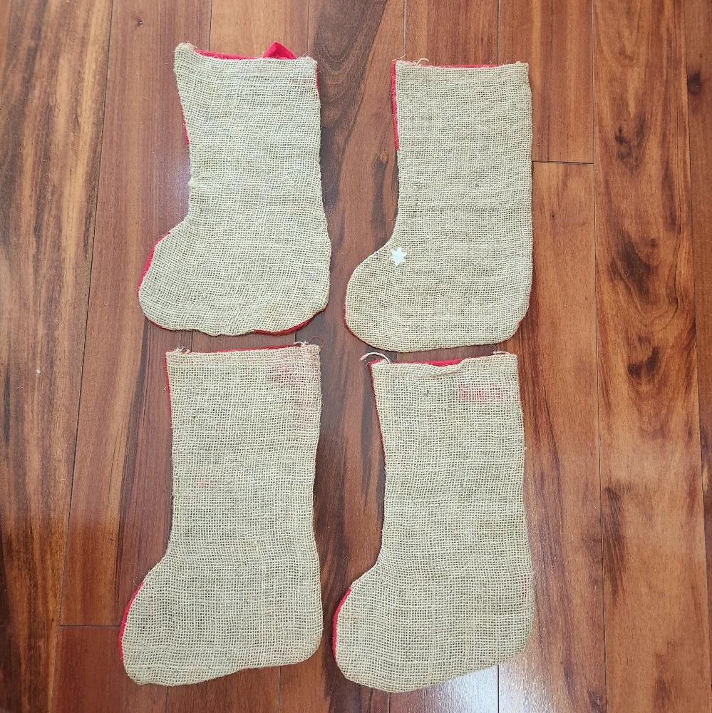 Set of 4 Burlap with Felt Applique Christmas Stockings